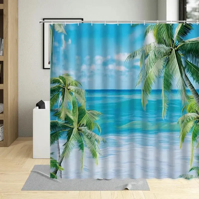 Tende da doccia Tenda impermeabile Pittura a olio Tropical Lsland Beach Coconut Tree Scenery Decorazioni per il bagno Bagno in tessuto poliestere