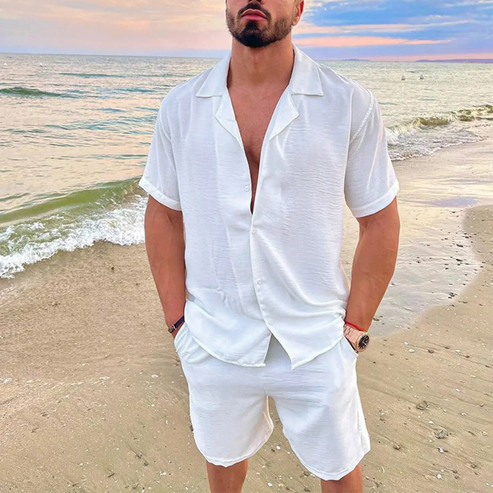 Summer Men Beach Shirt Board Shorts Set Solid White Linen Shirt Button-up Tops Bottom Tracksuit Clothing 240327