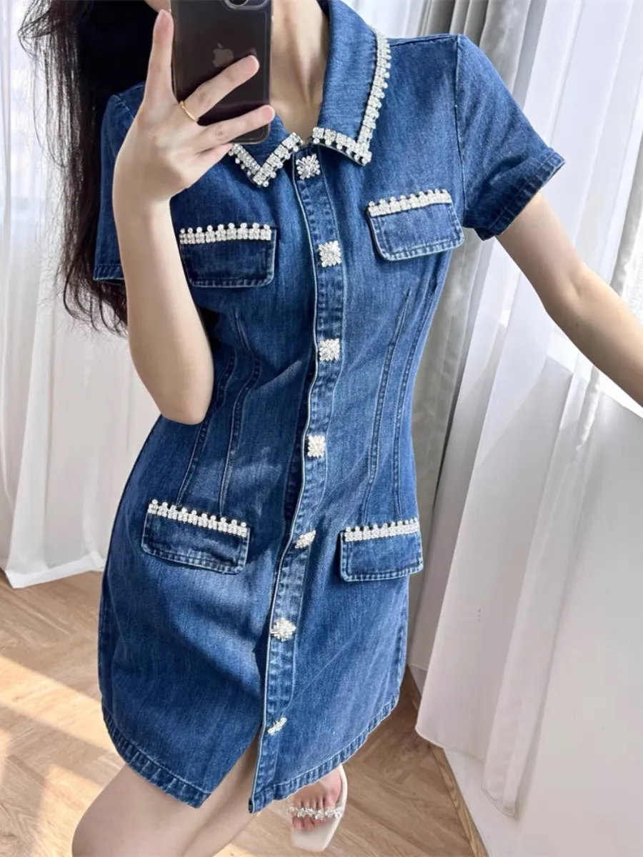 Denim Dress With Rhinestone Buttons And... From Shunfengshunshui5188,  $92.13 In Bulk | DHgate.Com
