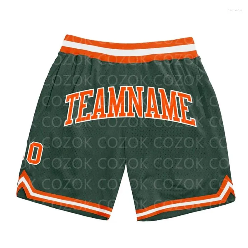 Shorts pour hommes personnalisés Green foncé orange authentique basket-ball 3D Imprimé homme votre nom Mumber Séchage rapide plage