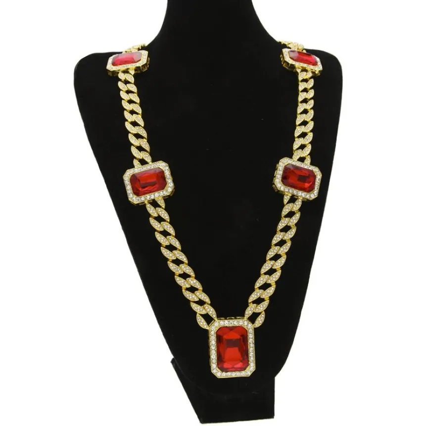 Exagerado Pesado Extra-grosso MIAMI CUBAN LINK Red Gemstone Pingente Long Chains Colar Homens Trendy Hip Hop Diamante Joyas 76cm G2505