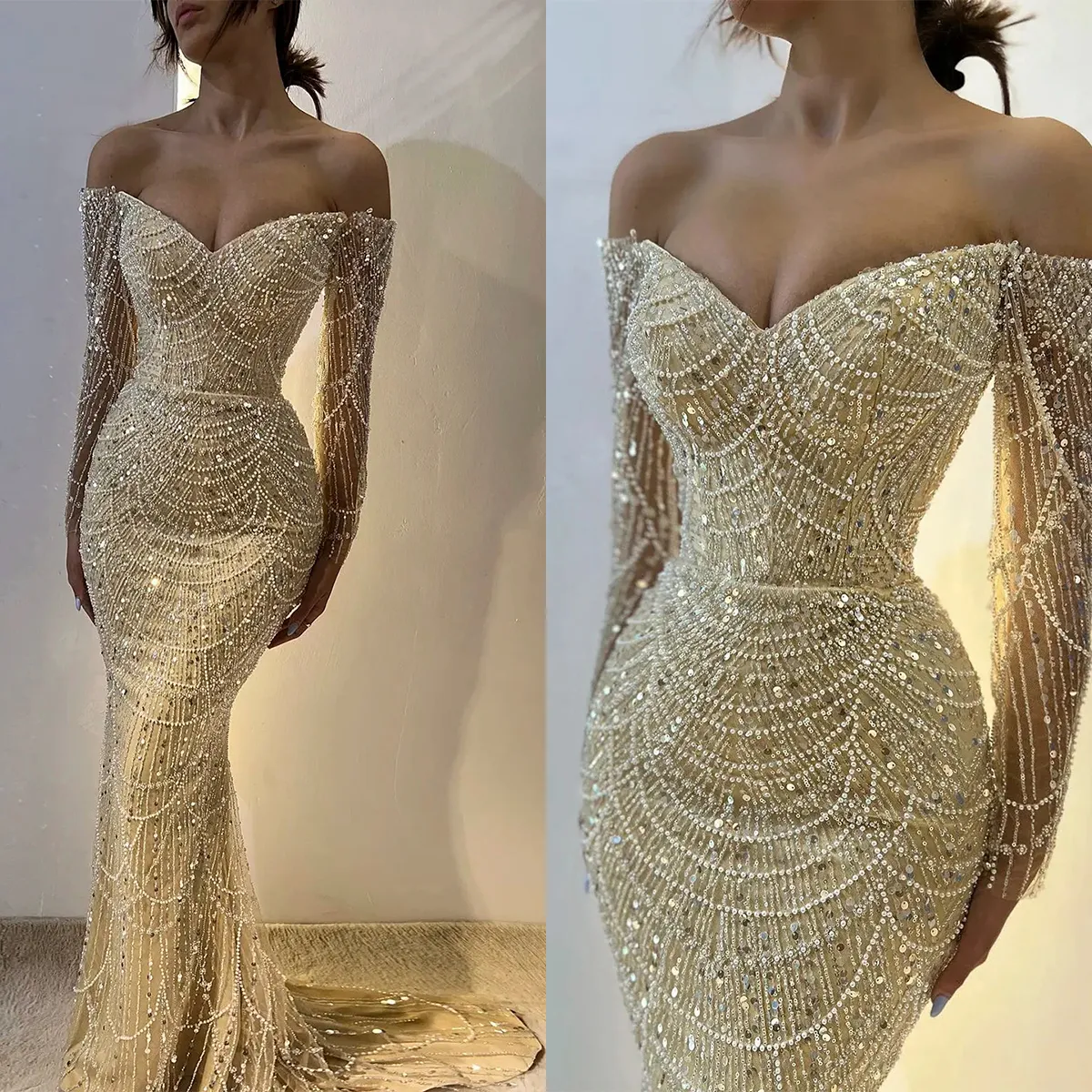 Dazzling Off-The-Shoulder Long Sleeves Mermaid Wedding Dresses Beads With Pearls
