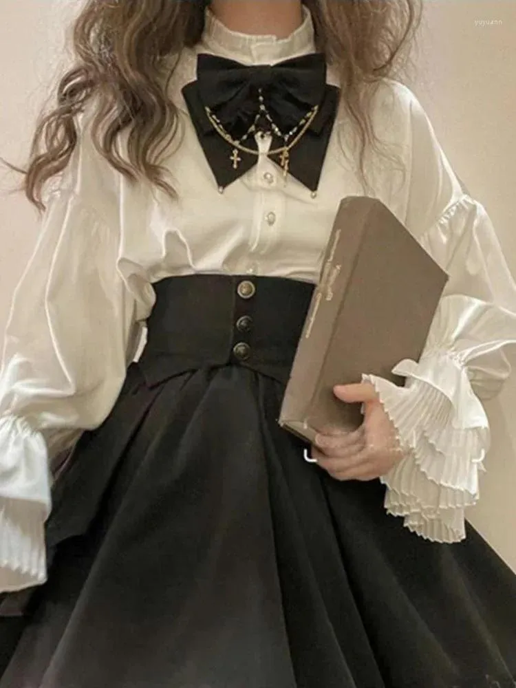 Arbetsklänningar japanska lolita söta tvåstycken set kvinnor frankrike vintage kjol kostym kvinnlig 2024 lykta ärm blus gotisk parti midi