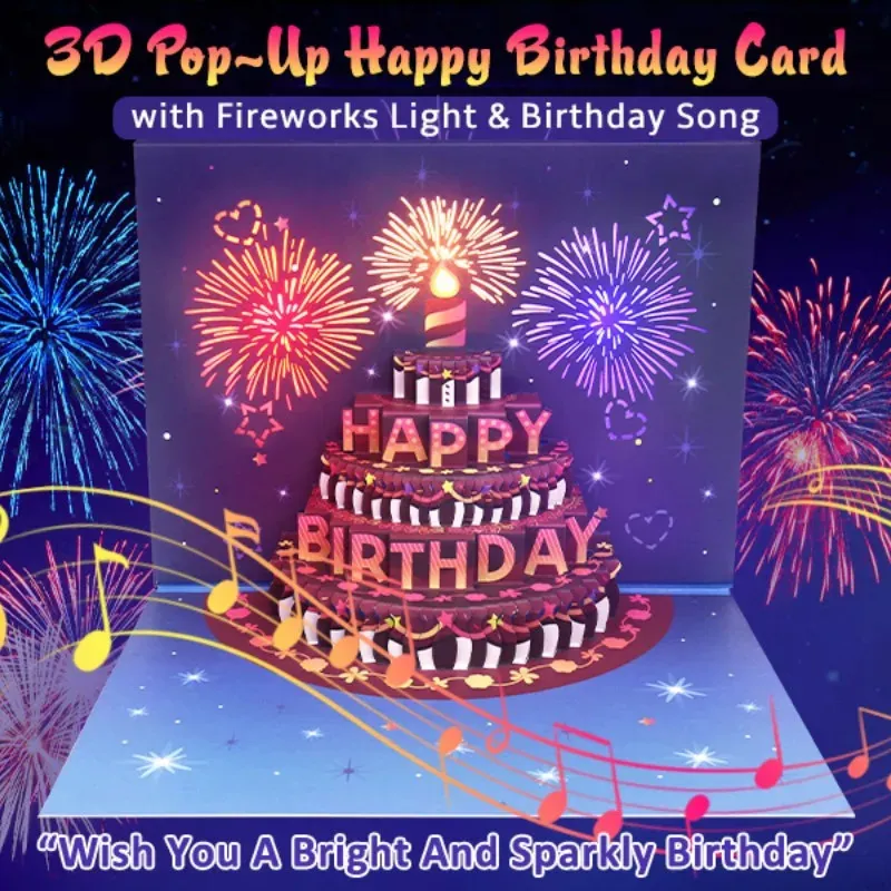 Grattis på födelsedagskort Fyrverkerier 3D Pop Up Cake Light and Music Happy Birthday Card Gift Hälsningskort för make barn fru mamma 240323