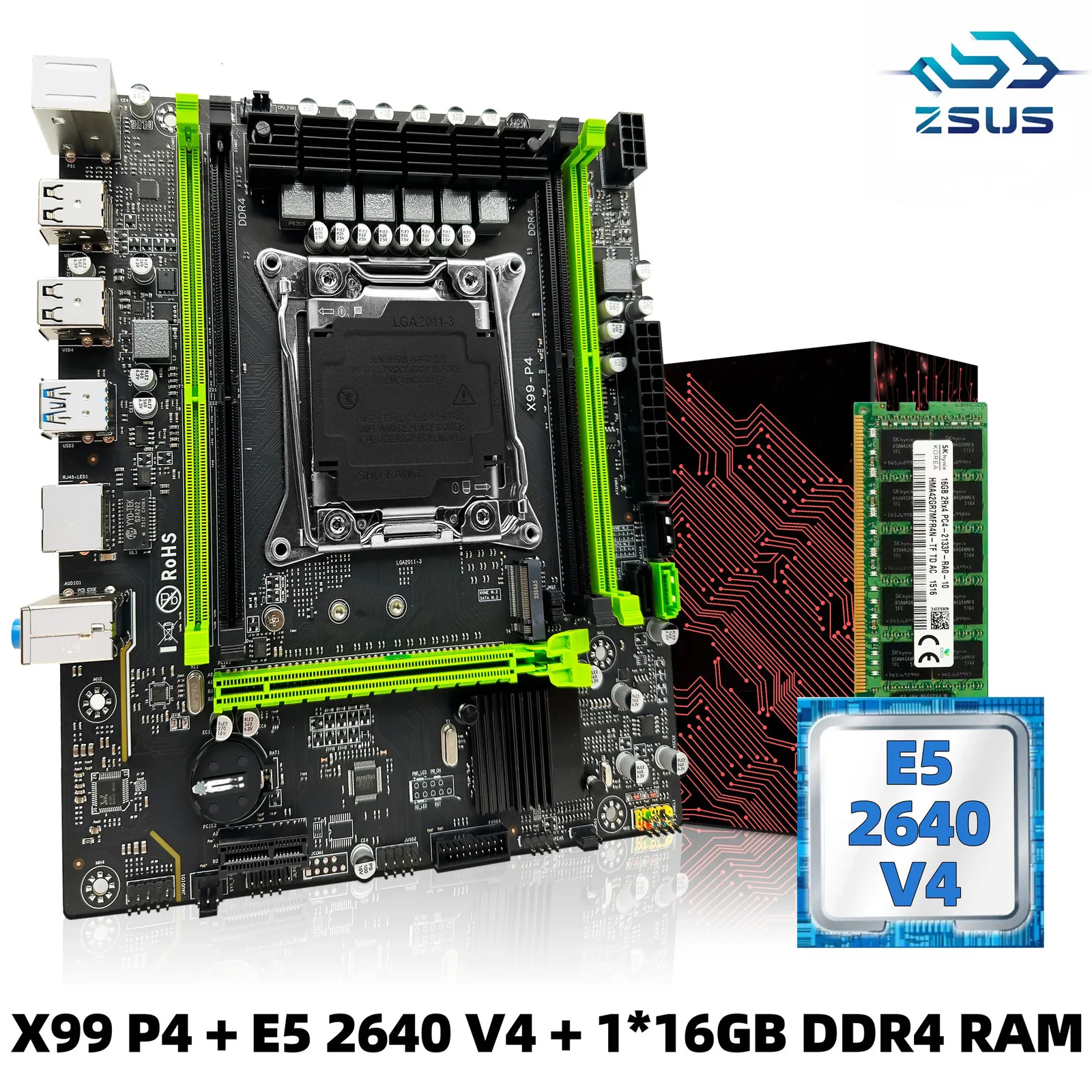 ZSUS X99 P4 Motherboard Set Kit With Intel LGA20113 Xeon E5 2640 V4 CPU DDR4 16GB 116GB 2133MHZ RAM Memory NVME M2 SATA 240326