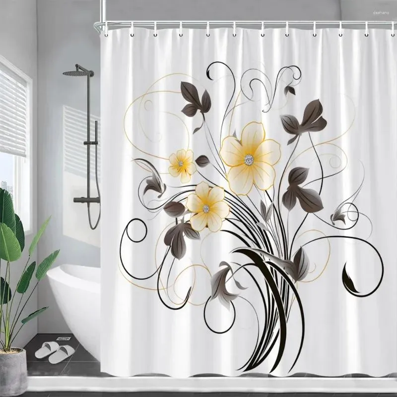 Duschgardiner blommor bläck växt gula blommor modern minimalistisk konst polyester tyg badrum gardin badkar med krokar