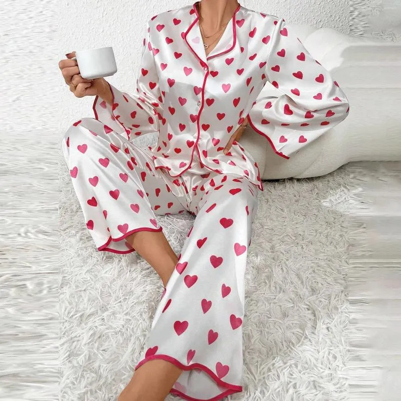 Home Kleding Dames Lente Satijnen Hartafdruk Pyjama's Pyjama Set Sleepwear Pijama Pak Vrouw tweedelig damesloungewear