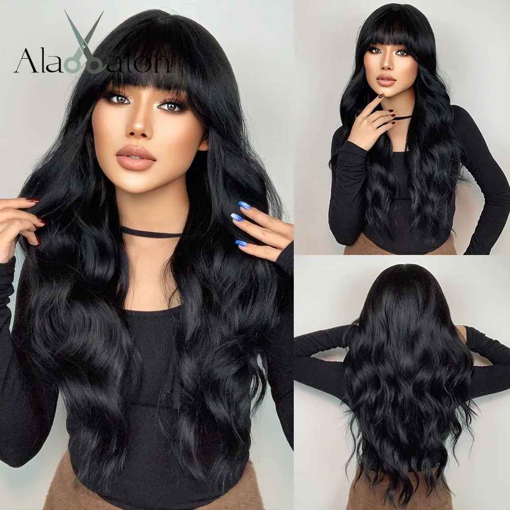 Wigs ALAN EATON Long Wavy Black Synthetic Wigs with Bangs Water Wave Hair Wigs for Women Cosplay Daily Wedding Use Heat Resistant Wig