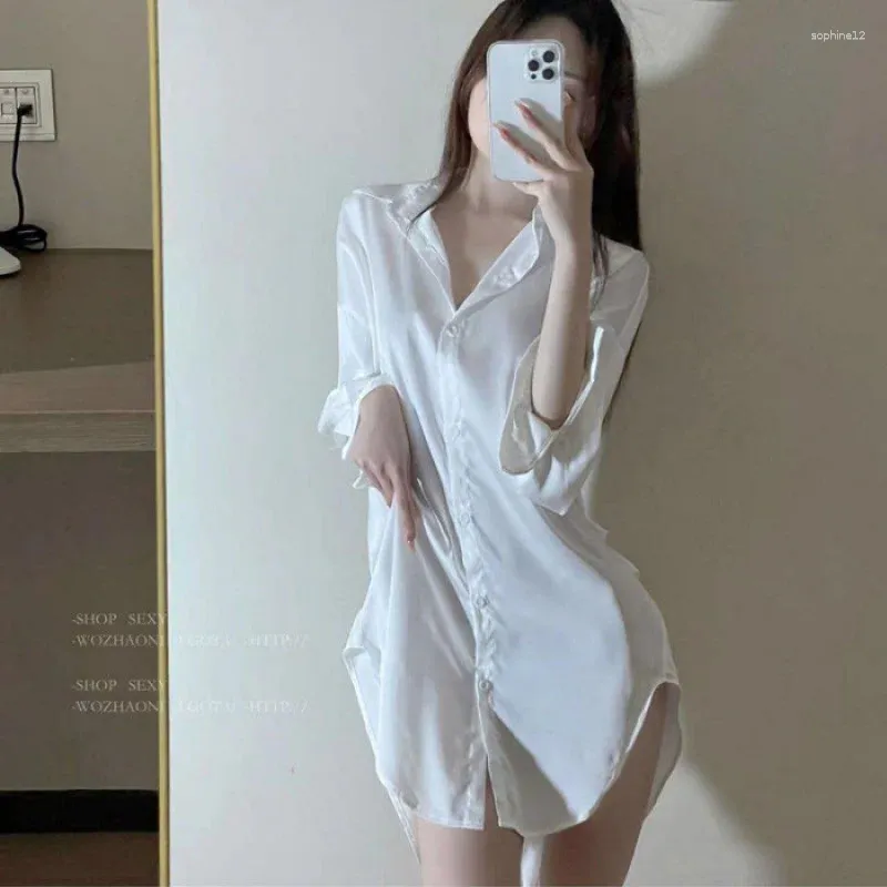 Accueil Vêtements Chemise blanche jupe femmes sexy style coréen chemise de nuit ample printemps été en mousseline de soie pyjama à manches longues Waal coton