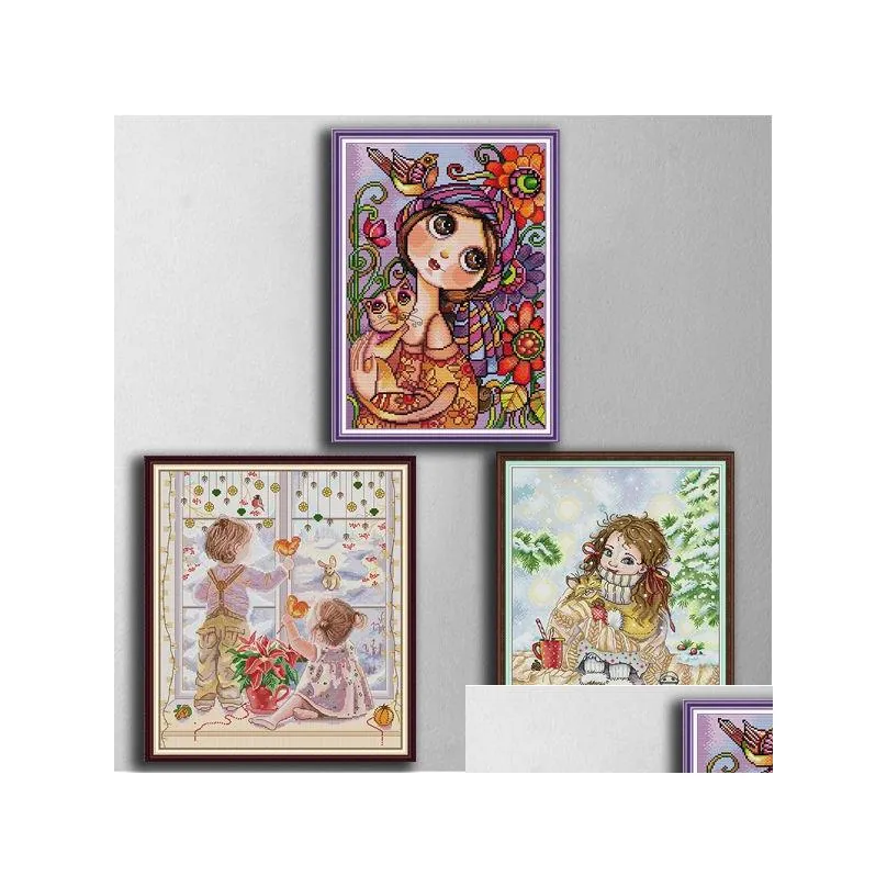 Craft Tools Mix 3 In 1 Big-Eyed Girl Diy Cross Stitch Embroidery Needlework Sets Counted Print On Canvas Dmc 14Ct 11Ct Drop Delivery H Dhykj