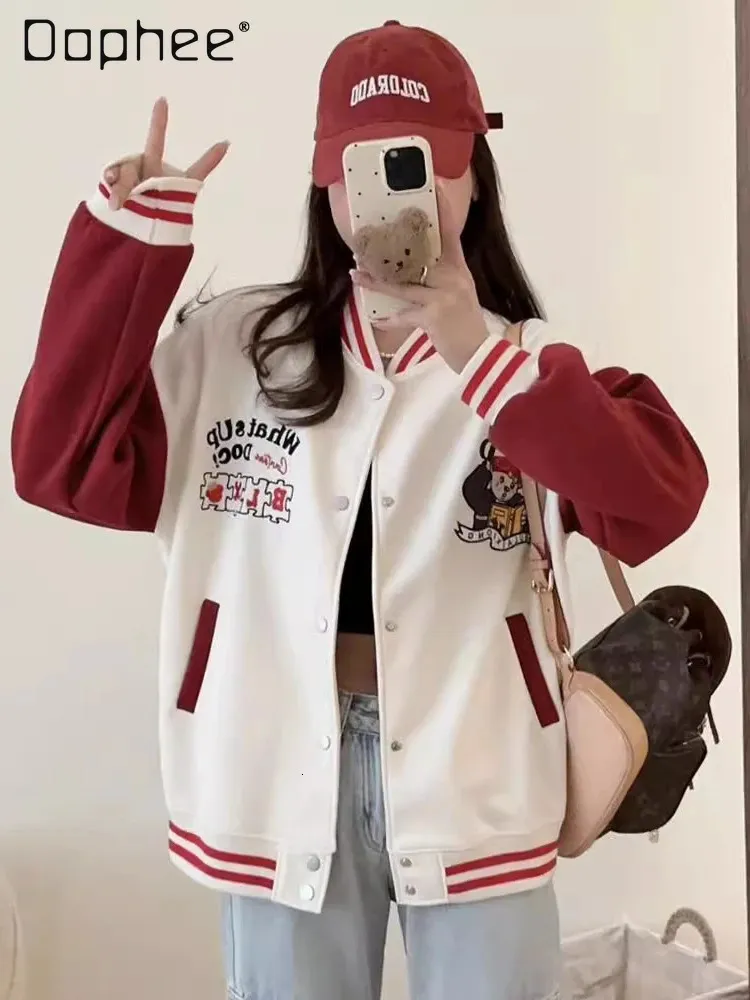 Cartoon Print Loose Casual Baseball Uniform Spring College Style Single Breasted Long Sleeve Cardigan Jacket Female Student 240319