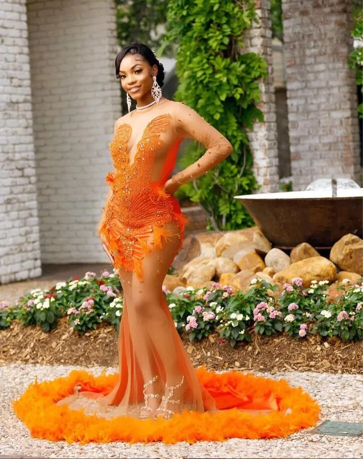 Robes de soirée formelles de bal africain à manches longues de luxe orange pour fille noire maille transparente diamant scintillant robe de soirée d'anniversaire Gala