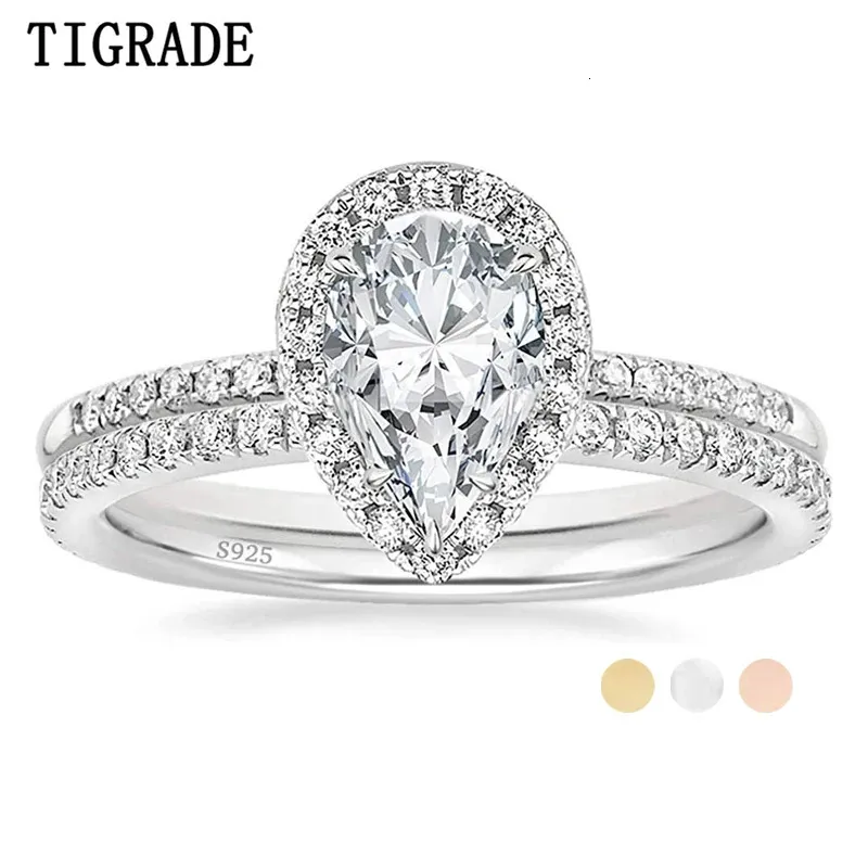 TIGRADE 925 Sterling Silver Wedding Band Teardrop Bridal Rings Sets Halo Cubic Zirconia Solitaire Engagement Ring For Women Size 240402