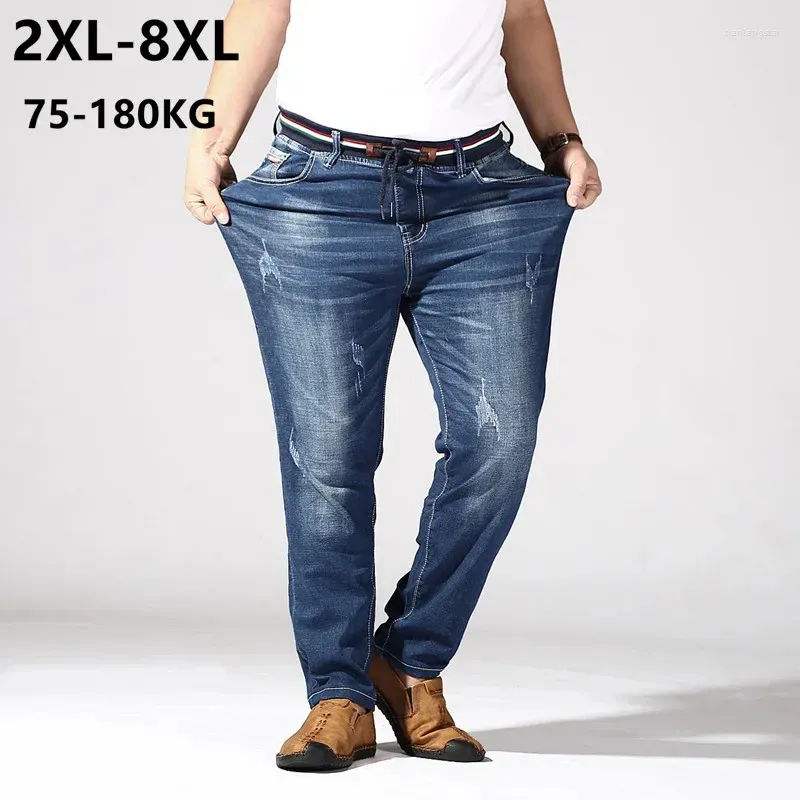Jeans pour hommes grande taille hommes 6XL 7XL 8XL 180kg pantalon d'été homme stretch droit pantalon ample denim bleu plus marque vêtements déchirés
