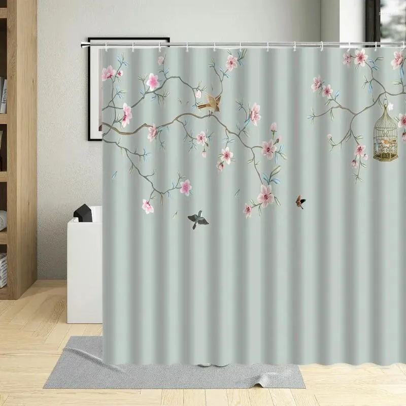 Shower Curtains Chinese Style Flowers And Birds Curtain Animal Plant Painted Art Background Home Bathroom With Hook Washable Decoration