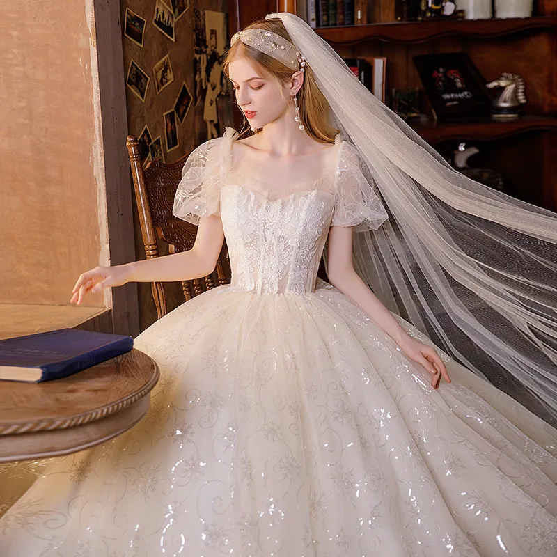sachin and babi light blue dress Flower Fairy White Bridal Wedding Dresses 2021 Ball Gown Off-The-Shoulder Short Sleeve