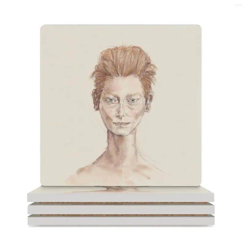 Tapetes de mesa Tilda Cabeça Vermelha Rosto Retrato Desenho Porta-copos de cerâmica (quadrado) Conjunto de suporte para copo de café para bebidas