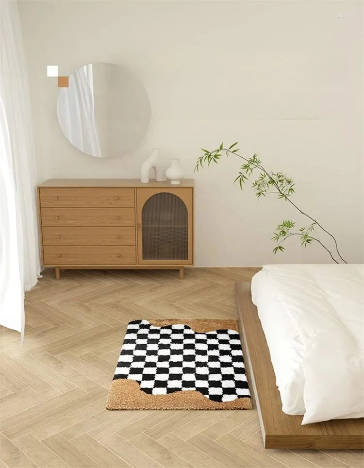 Tapis Moderne Simple Ins Style Absorbant Épaissie Antidérapant Chambre Couverture De Chevet Frais Damier Ménage Salle De Bain Tapis De Porte