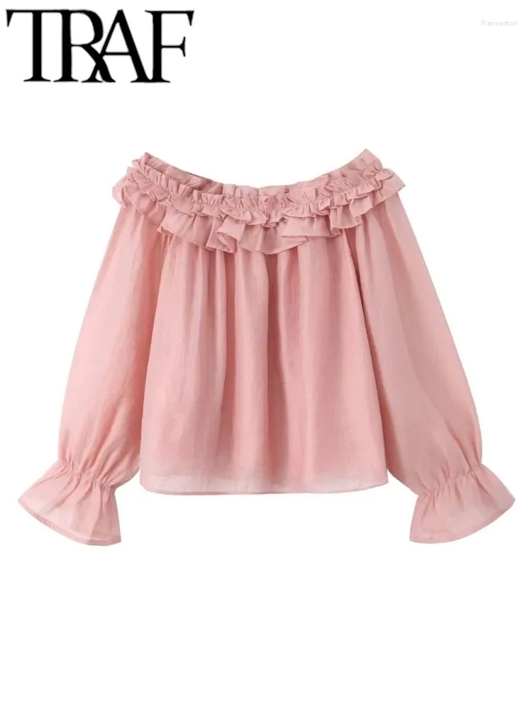 Kvinnors blusar 2024 Spring Pink Elegant Women Off Shoulder Blus Ruffled Edge Female Casual Slim Short Shirt Y2K Crop Top