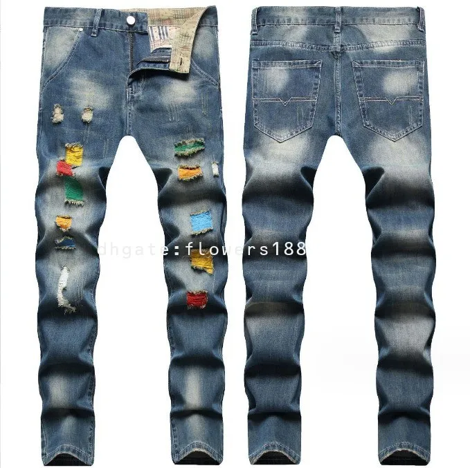Herr jeans 2024 amerikansk stil hiphop street stil rippade hål kontrast färg dagg flerfärgade garn små raka jeans män manschetterade jeans män kult jeans