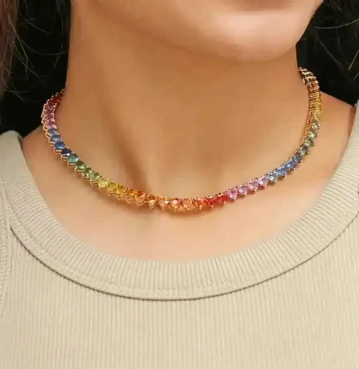 Pendant Necklaces 2024 Luxury Fashion Rainbow Colorful Heart Shape Full Paved Cubic Zirconia Geometric Tennis Chain Choker Women Necklace Jewelry Q240402