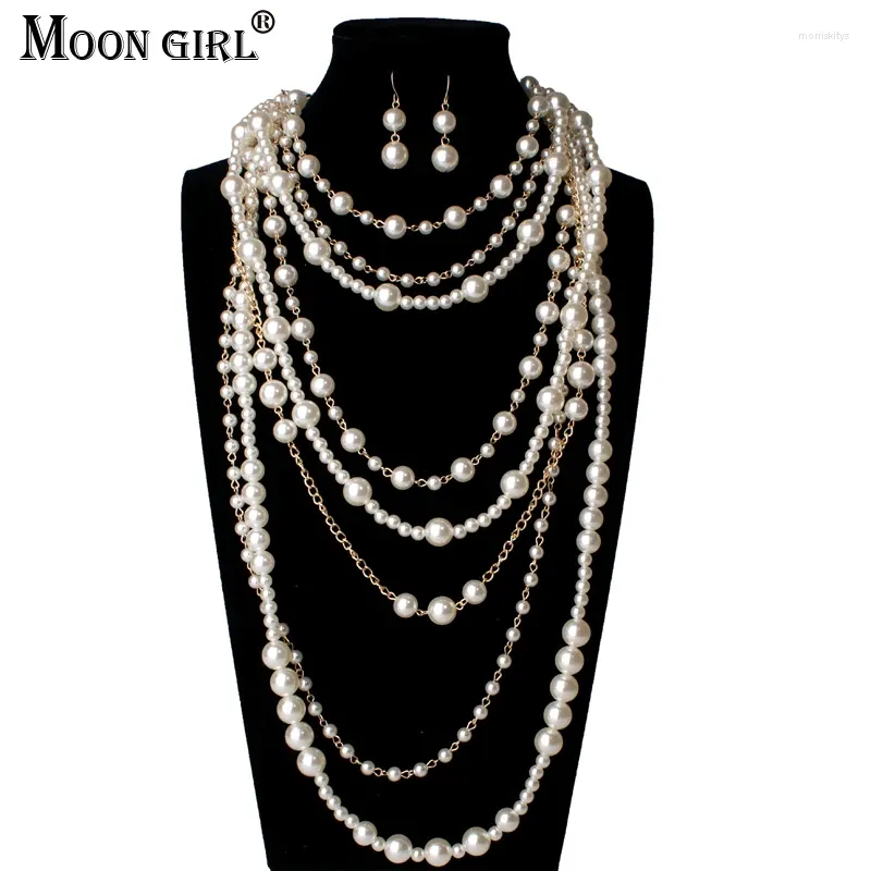 Choker MOON GIRL Mehrschichtige künstliche Perlenkette, lange Halskette, trendige Aussage für Damen, Modeschmuck