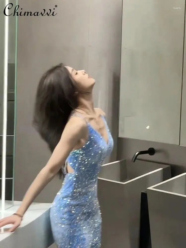 Vestidos casuales Coreano de gama alta de moda bordado pesado lentejuelas vestido de mujer verano sexy chica alta cintura con cuello en v correa sin mangas