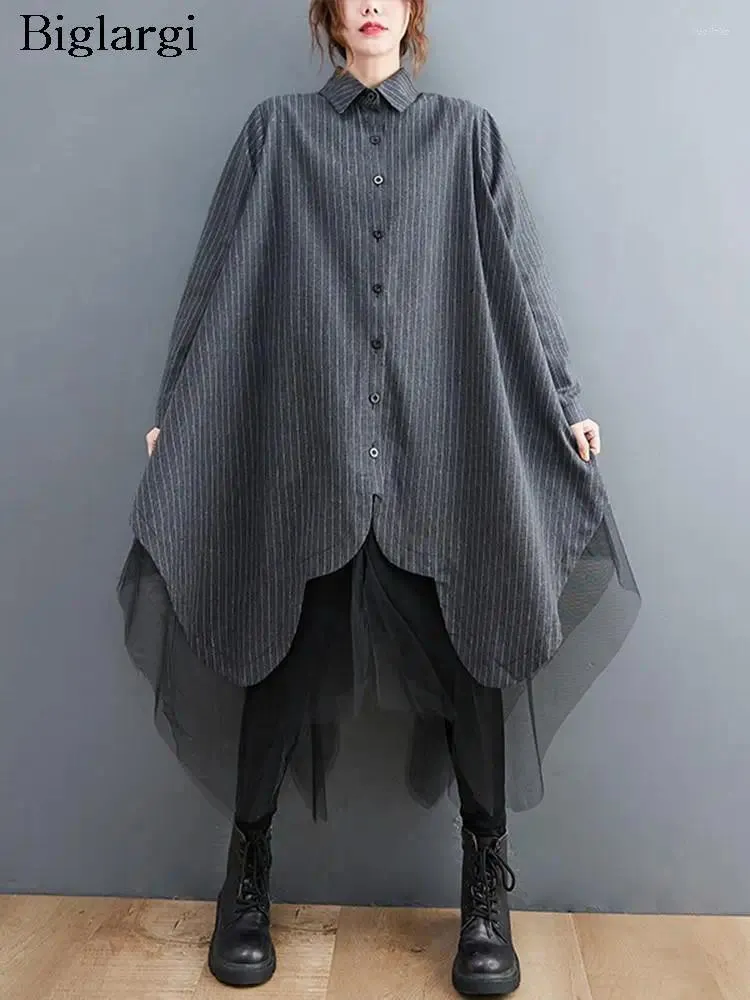 Oversized Mesh Patchwork Stripe Shirt Dress Casual Autumn Long Sleeve Loose Irregular Ladies Fashion From Join3 42.59 DHgate.Com