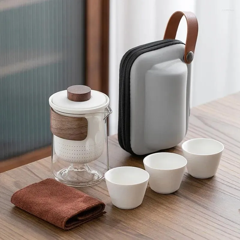 Conjuntos de chá 4 pcs Kuai Ke Cup Travel Tea Set carregando saco de vidro 1 pote 3 cerâmica ao ar livre bule pequeno