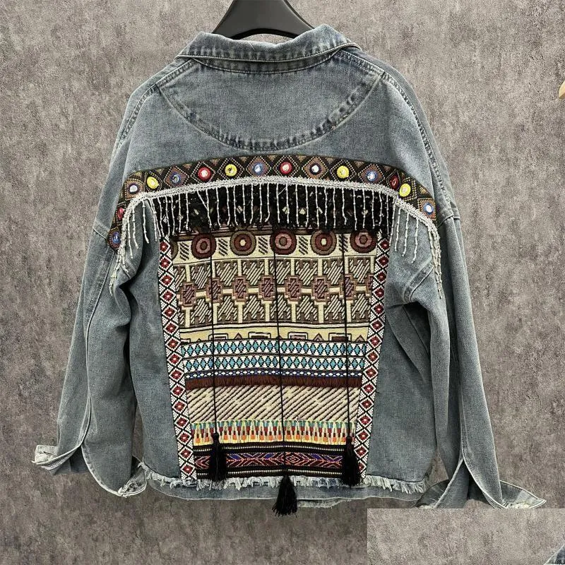 Jaquetas femininas 2023 outono rua moda pesada indústria frisada painel patch bordado estilo étnico tassel denim jaqueta gota entrega dhzkf