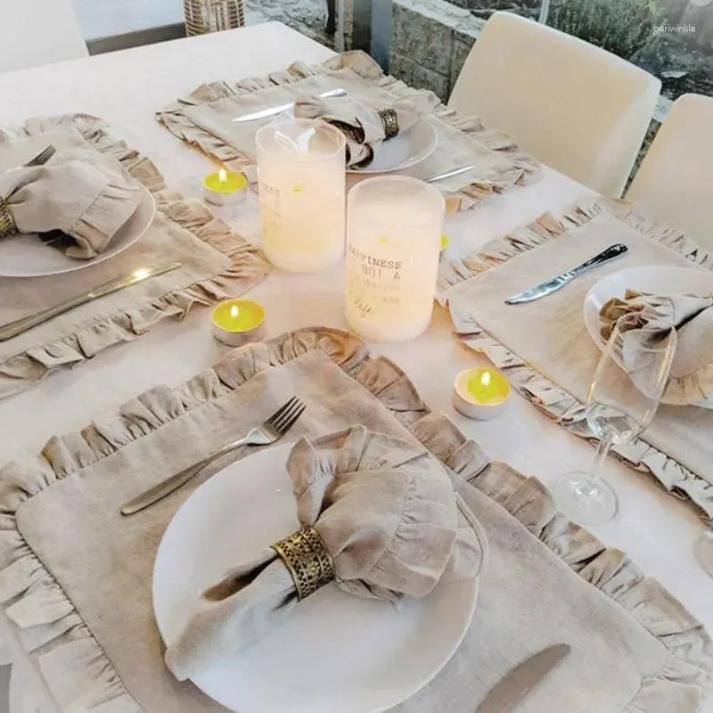 Table Mats 4PCS Ruffle Edge Linen Napkin Restaurant Wedding Dinner Solid Color Cloth Placemats Custom Home Classic