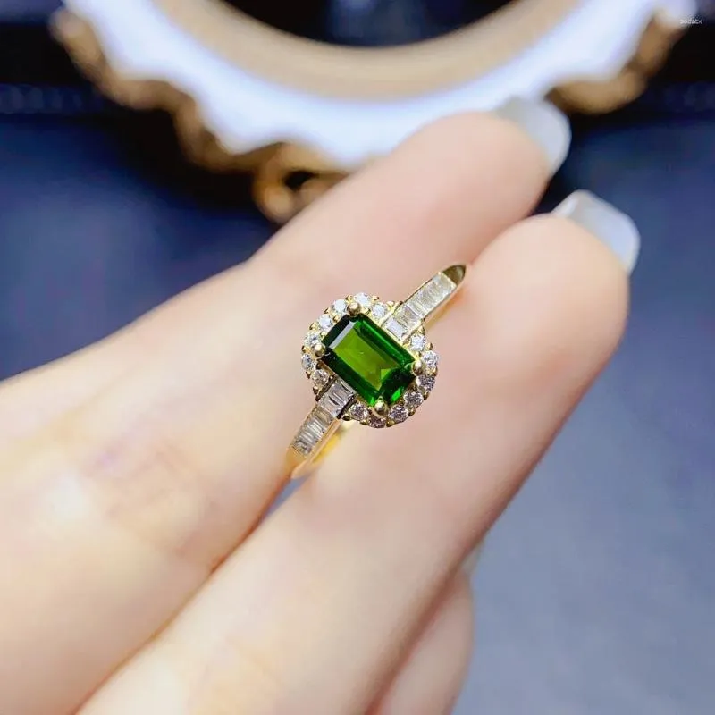 Klusterringar FS 5 7mm Natural Diopside Ring S925 Sterling Silver med Certificate Fine Fashion Charm Weddings Jewelry for Women Meibapj