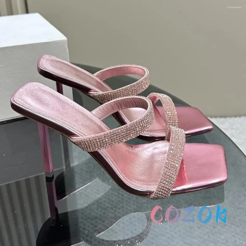 Slippers Sexy Pink Crystal Thin Belt High Heel Metal Leather Square Peep Toe Stiletto Dress Shoes Summer Women's Vacation