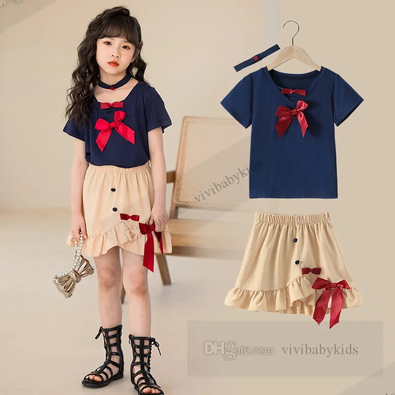 Summer girls clothes sets kids ribbon Bows tie short sleeve T-shirt Irregular falbala skirt 2pcs sweet children princess outfits Z7464