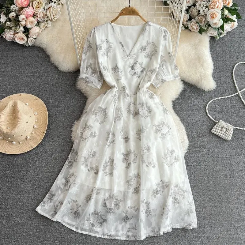 Vestidos de festa verão vento suave retro estilo chinês bolha manga curta com decote em v fivela a linha vestidos impresso chiffon vestido