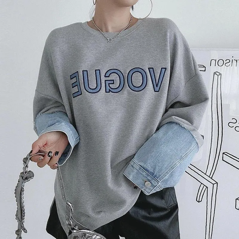 Kvinnors hoodies klädkvinnor Stylish Letter Print Spliced ​​Sweatshirt Denim Patchwork Lång ärm Pullover Kvinnliga mode TOPS MUJER HA538