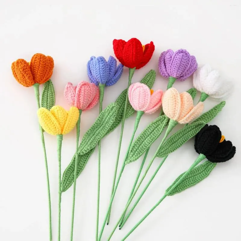 Decorative Flowers Hand-knitted Open Tulip Crochet Artificial Cotton Wedding Car Homemade Decoration Ornament Desktop Decor Bouquet Gift