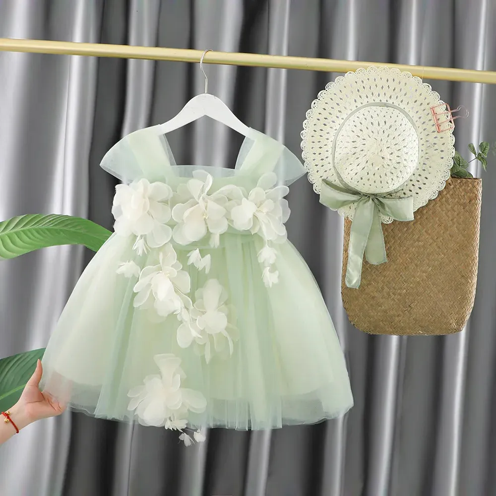 2 pieces of fashionable dress for young children and girls green hat 0-5 years summer girl dress childrens flower dress girls clothing princess dress 240402