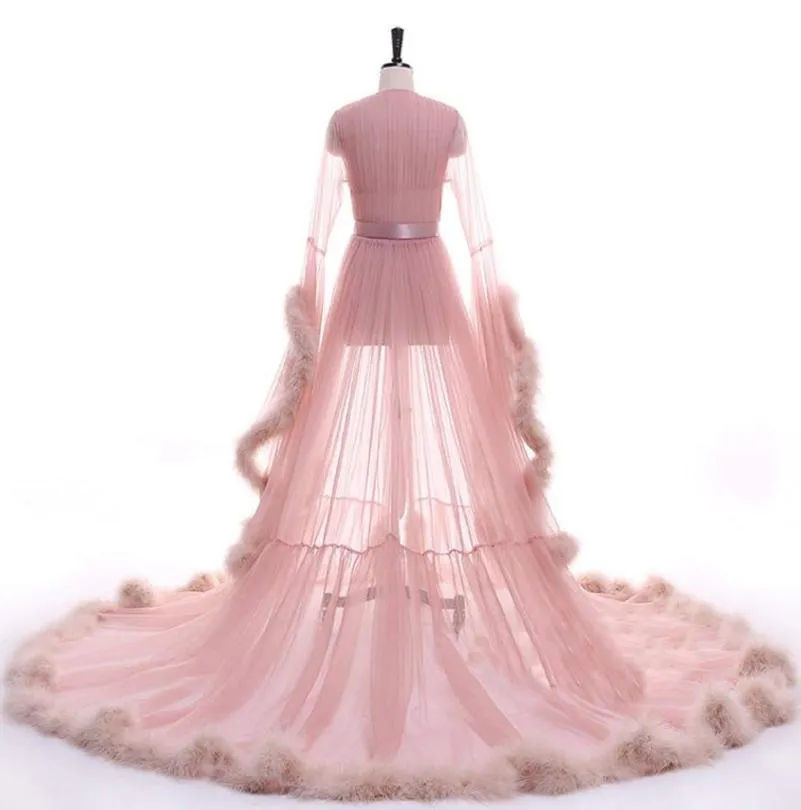 Pink Sleepwear Women Bathrobe Faux Fur Feather Nightgown Bridal Robe Bride Wedding Gowns Petite Plus Size Custom Made8049508