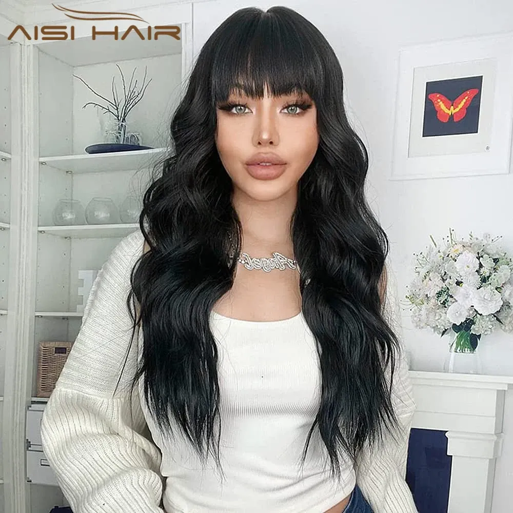 Wigs AISI HAIR Synthetic Long Black Wig Wavy Wigs with Bangs for Black Women Natural and Soft 24'' Heat Resistant Party Daily Hair