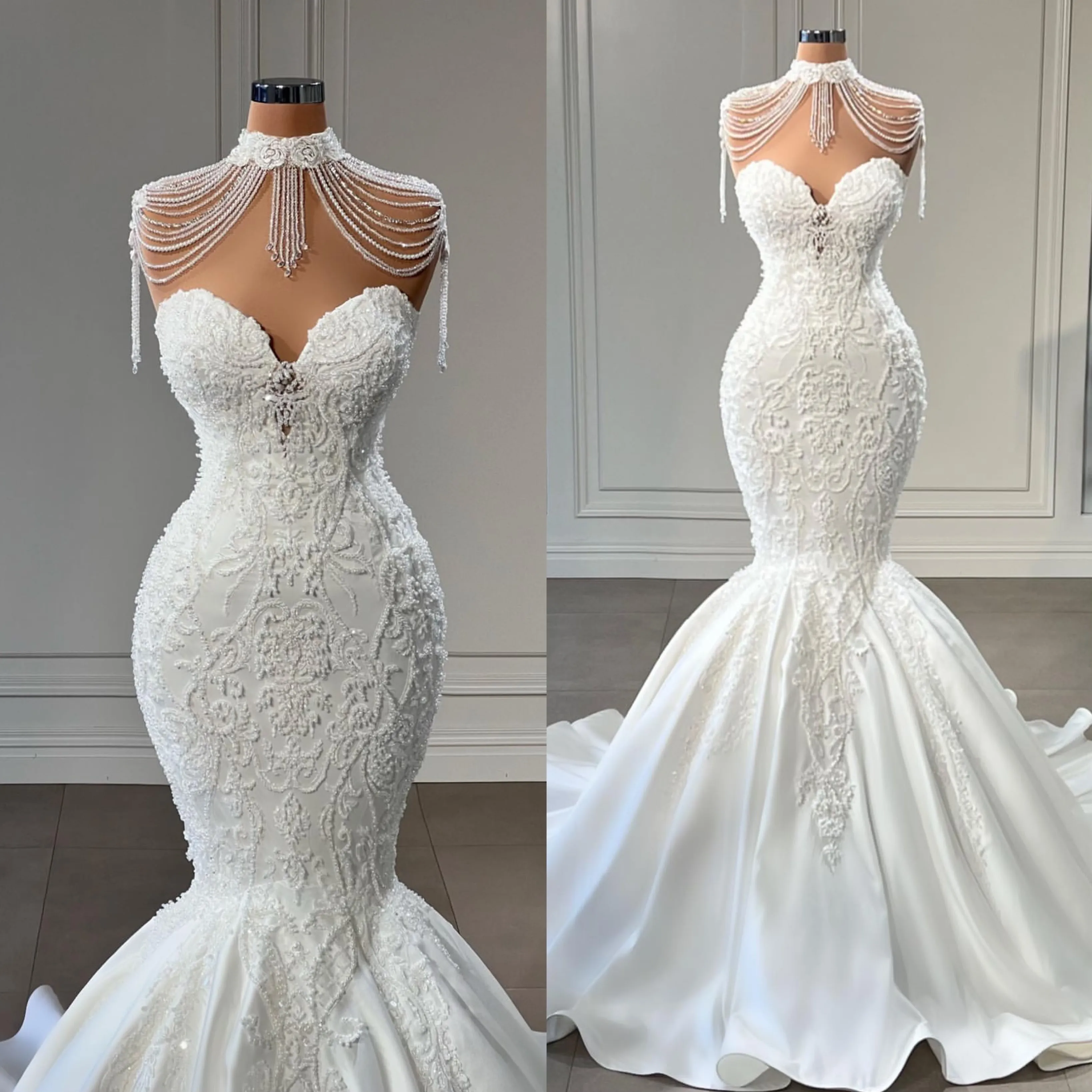 Fabuleux graphique robe de mariée sirène col haut perles glands robes de mariée en dentelle robes de mariée balayage train designer robe de mariage