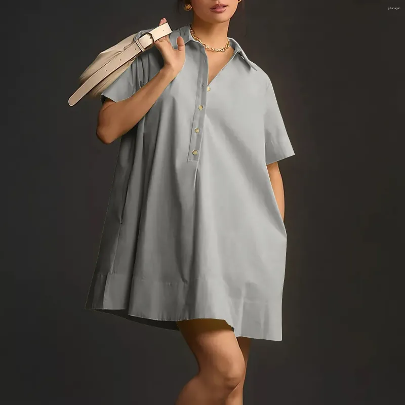 Casual Dresses Summer Shirt Dress Stand Collar Loose Single Breasted Raglan Sleeve With Pocket Women Tunic korta kläder