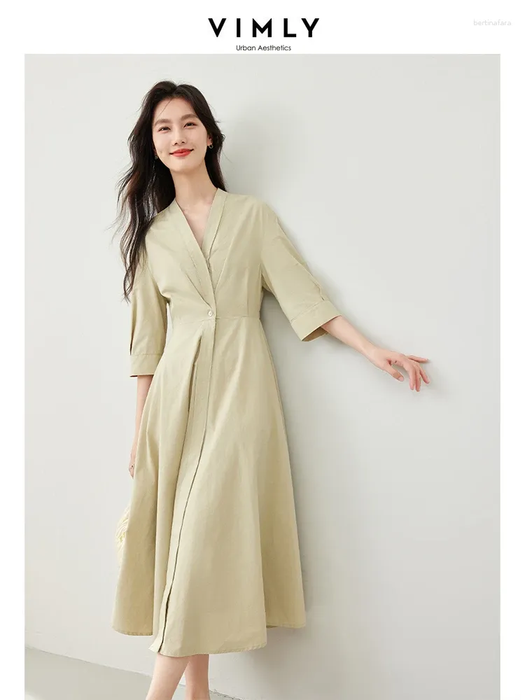 Robes décontractées Vimly Robe d'été élégante 2024 Style français Col en V A-ligne Coton Taille élastique Midi Femme Vêtements 30097