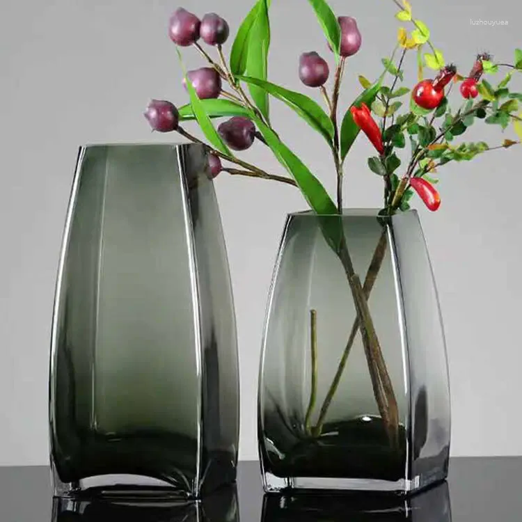 Wazony Kreatywny Smoky Grey Square Glass Wazon salon Kwiat Lekka luksusowa nowoczesna dekoracja domu