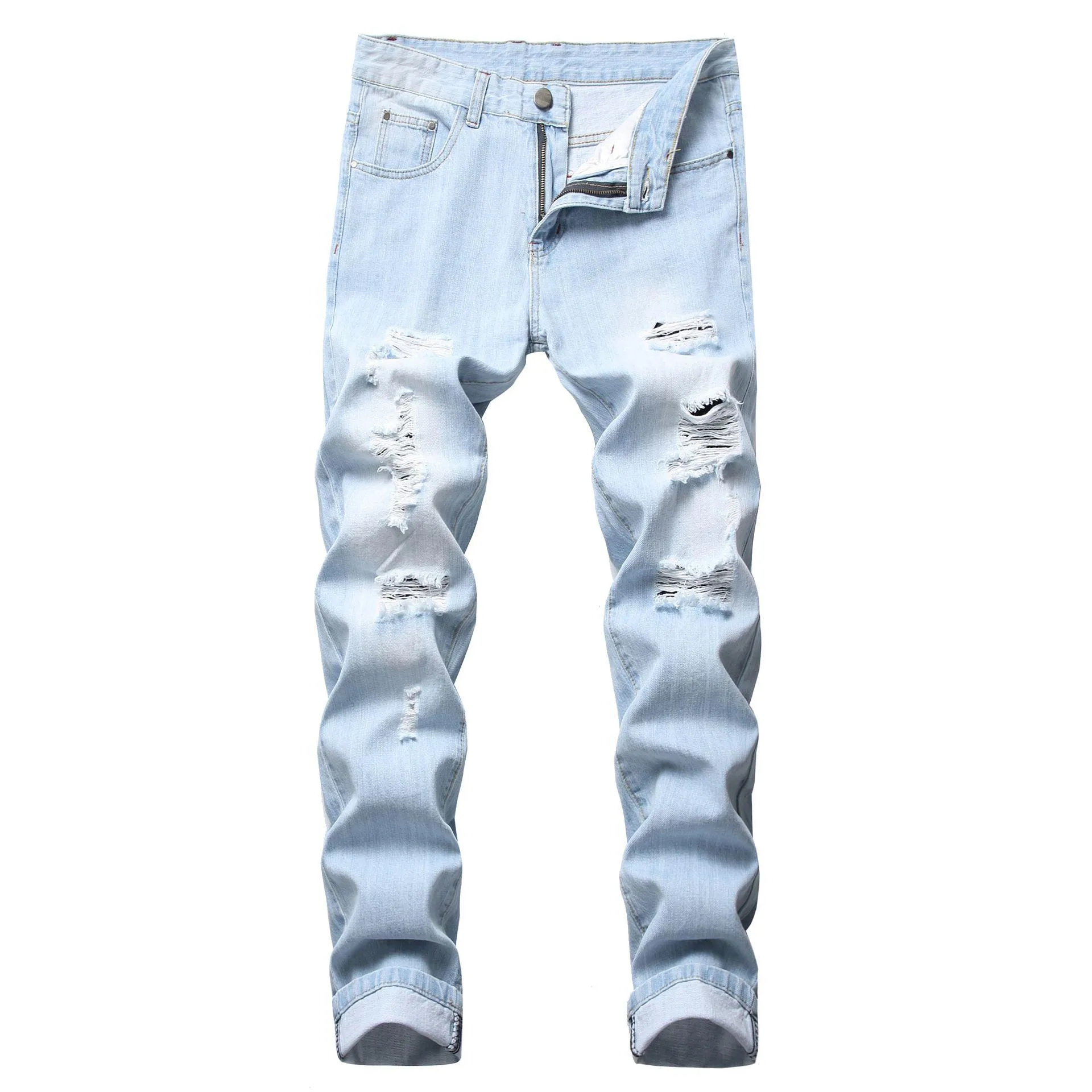 Mens Jeans Light Color Slim Fit Hole High Street Blue Nonelastic Casual Fashion Urban Stretwear Drop Delivery Apparel Clothing DHK1Z