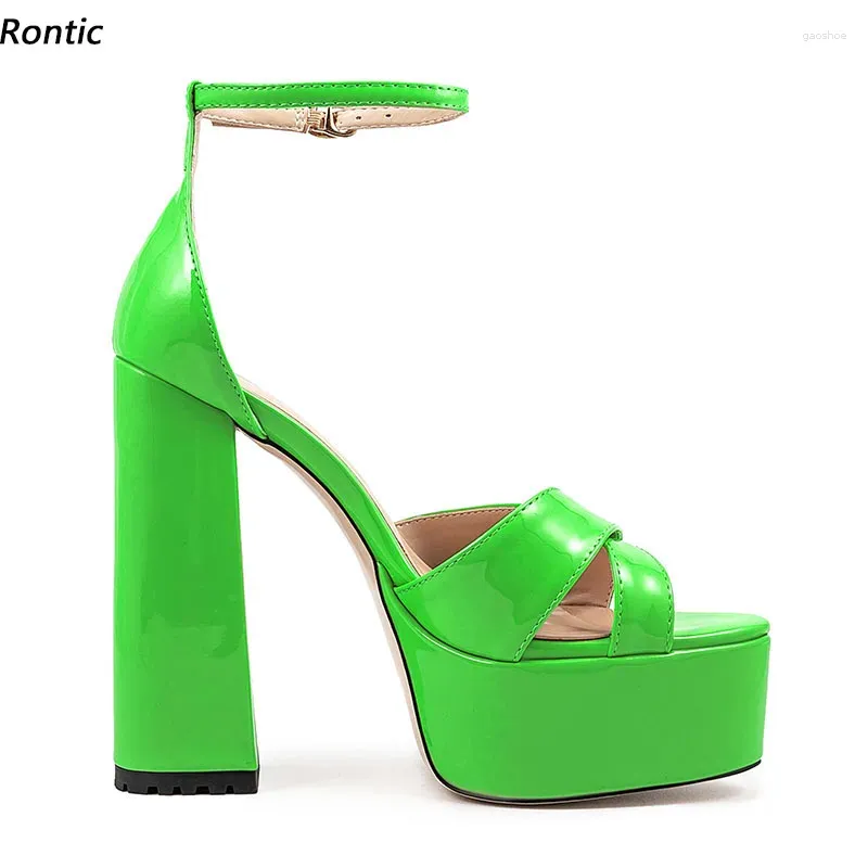 صندل Rontic Handmade Women Platform Lamle Block Block High High Cheels Open Tee Beautiful Green Green Disual Shoes US 5-10.5