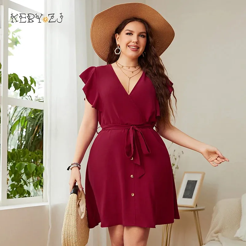 KEBY ZJ Plus Size Womens Dresses Summer Chiffon Deep v مثير أحمر صغير MINI Dress Office Urban Office Elegant عرض 240402