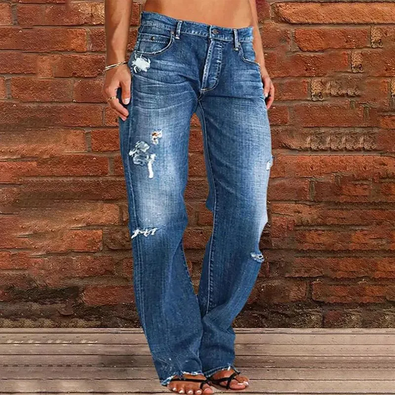 Jeans da donna Donna Y2k Strappato Vita media Denim Dritto Tasche larghe Pantaloni Primavera Estate Harajuku Moda Gril Pantaloni larghi streetwear