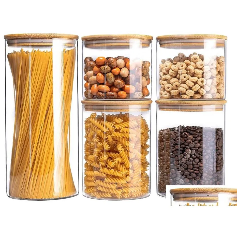 Bamboo Lid Glass Jar Set - Coffee, Tea, Sugar, Salt, Seasoning Storage ...