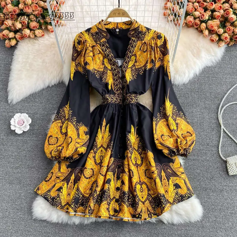 Tryckt Autumn Yellow Mini Dress Women Sexig V-ringning Single Breasted Puff Long Sleeve High midja A-Line Party Vestidos 2022